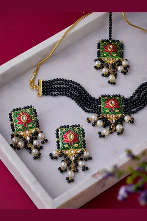 ATIBELLE Gold-Plated Stone-Studded & Beaded Necklace & Earrings