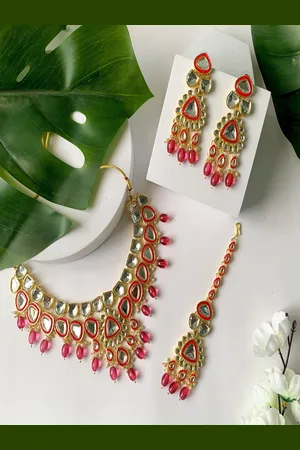 I Jewels Gold-Plated Necklace & Earring With Maang Tika Set