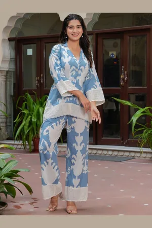AUTUMN LANE Ethnic Motifs Printed V-Neck Pure Cotton Shirt With Trouser
