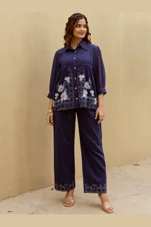AUTUMN LANE Floral Embroidered Shirt Collar Pure Cotton Shirt With Trouser