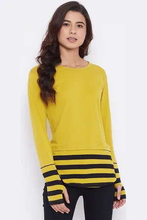 Hypernation Women Yellow & Black Striped Pure Cotton T-shirt