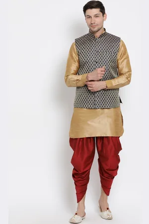 Vastramay Mandarin Collar Regular Kurta with Dhoti Pants & Woven Design Nehru Jacket