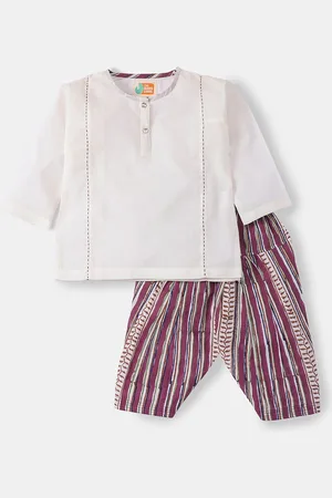 THE BABY LABEL Girls White & Purple Panelled Pure Cotton Embroidered Kurta & Hand-Block Printed Salwar