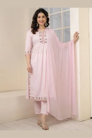 Charu Floral Embroidered V-Neck Pure Cotton Pleated Kurta with Trousers & Dupatta