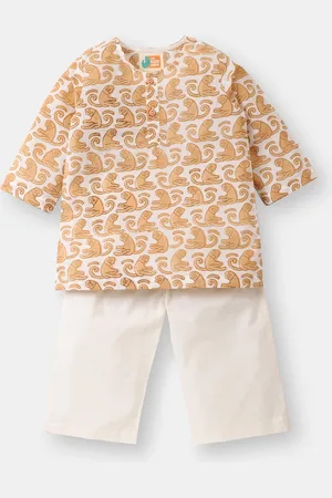THE BABY LABEL Unisex Kids Brown & White Hand-Block Monkey Print Kurta & Pyjamas