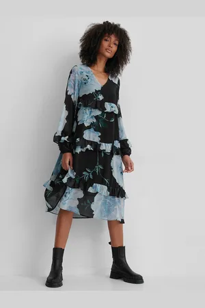 NA-KD Women Blue & Black Floral Layered Ruffles Puff Sleeves A-Line Midi Dress