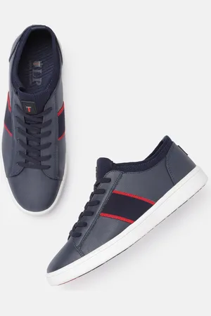 Louis Philippe Men Navy Blue & Red Solid Sneakers with Striped Detail