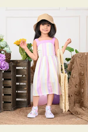 LilPicks Girls Striped Shoulder Strap Midi Cotton Dress