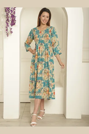 Kalini Floral Printed Smocked Fit & Flare Midi Dress
