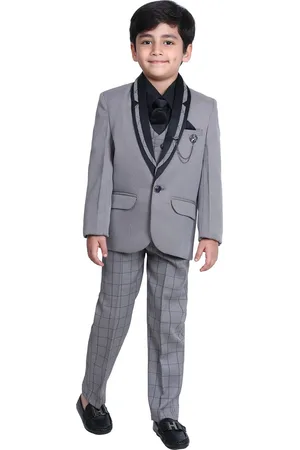 DKGF FASHION Boys Grey & Navy Blue Self Design Single-Breasted 5 Piece Suits