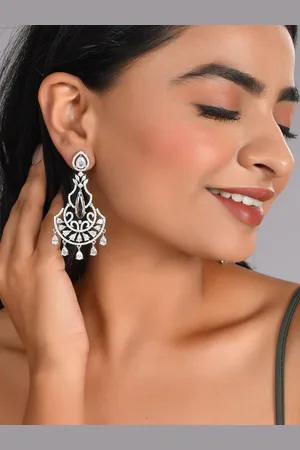 AQUASTREET Silver-Plated AD Studded Crystal Contemporary Chandbali Earrings