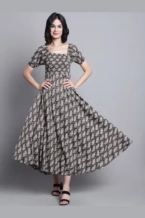 Kalini Floral Printed Square Neck Puffed Sleeves Smocked Maxi Dress