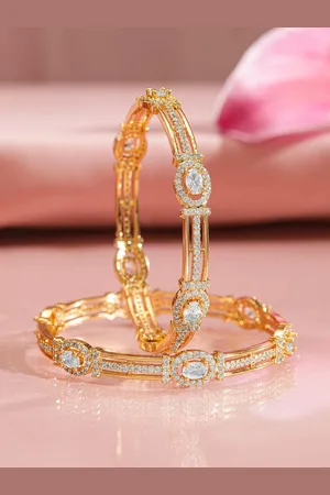 Rubans Set of 2, 22K Gold-Plated White Cubic Zirconia Studded Handcrafted Bangles