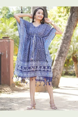 Kesarya Ethnic Motifs Printed Tie-Up Cotton Kaftan Ethnic Dress