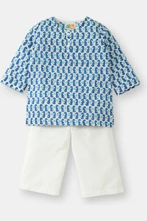 THE BABY LABEL Kids Blue & White Hand-Block Printed Pure Cotton Kurta with Pyjamas