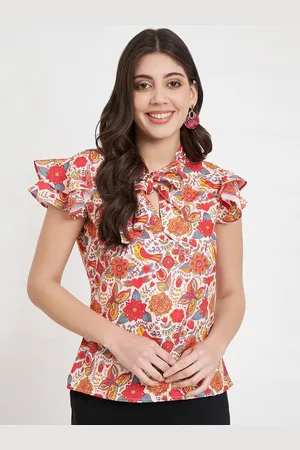 CHARMGAL Floral Printed Tie-Up Neck Short Sleeves Flutter Sleeve Top