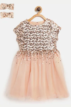 Cherry Crumble Girls Peach-Coloured Sequinned Fit & Flare Dress with Alligator Hairclips