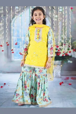Little Bansi Girls Floral Embroidered Pure Cotton A-Line Kurta With Sharara & Dupatta