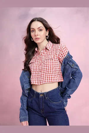 DressBerry Edgy Textured Gingham Checked Cropped Boxy Casual Shirt