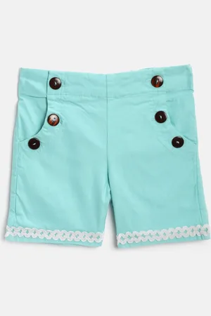Cherry Crumble Girls Turquoise Blue Solid Regular Fit Shorts