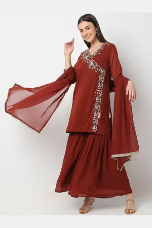 Ethnicity Ethnic Motifs Embroidered Angrakha Sequinned Kurta With Sharara & Dupatta