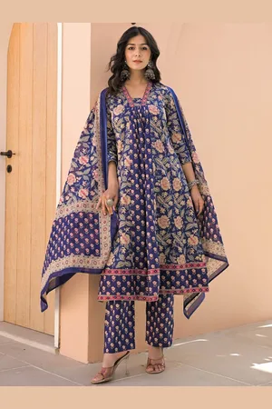 AUTUMN LANE Floral Printed Pure Cotton Angrakha Kurta With Trouser And Dupatta