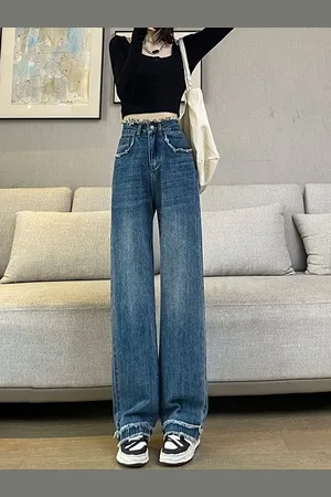 DressBerry Women Wide Leg High-Rise Light Fade Frayed Denim Jeans