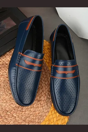 HERE&NOW Men Navy Blue & Brown Perforations Penny Loafers