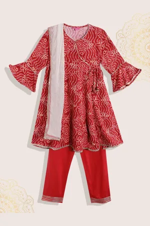 Biba Girls Red & White Bandhani Printed Angrakha Gotta Patti Kurta Trousers & With Dupatta