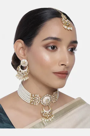I Jewels Gold-Plated Kundan Studded & Beaded Necklace and Earrings With Maang Tika
