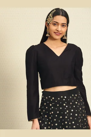 House of Pataudi Women Black Solid Ethnic Crop Pure Cotton Top