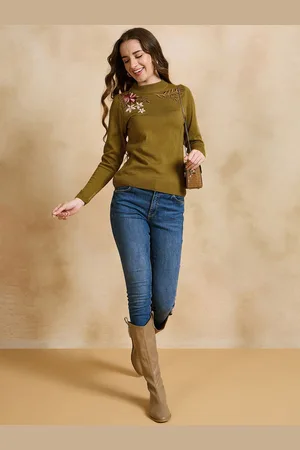 CLAPTON Women Floral Embroidered Woollen Pullover Sweater
