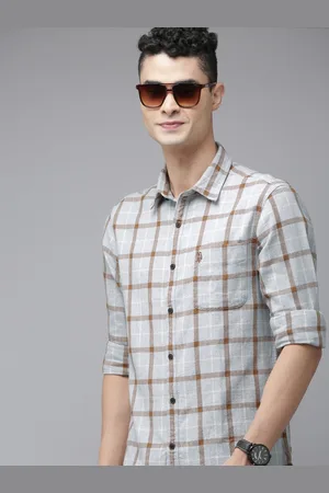 Ralph Lauren U S Polo Assn Denim Co Men Grey And Rust Red Slim Fit Grid Checked Pure Cotton Shirt