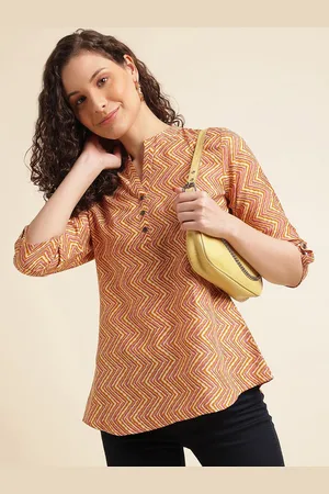 DressBerry Women Embellished Printed Mandarin Collar Roll-Up Sleeves Top