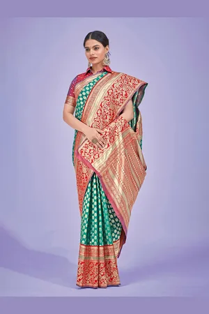 MONJOLIKA FASHION Ethnic Motif Zari Silk Blend Kanjeevaram Saree With Blouse Piece