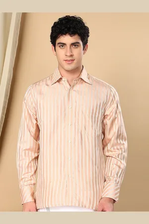 TATTVA Men Classic Spread Collar Vertical Striped Silk Casual Shirt