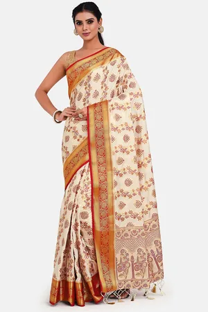 Mimosa Off White & Red Woven Design Zari Art Silk Kanjeevaram Saree