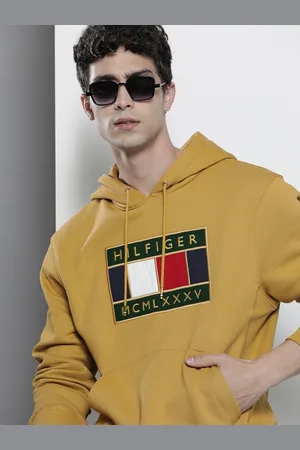 Tommy Hilfiger Men Mustard Embroidered Hooded Sweatshirt