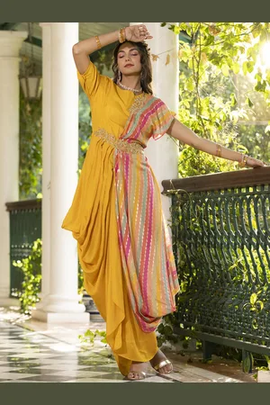SCAKHI Striped Drape Asymmetric Ethnic Dresses With Dupatta