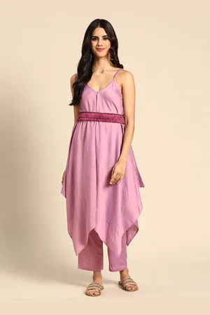 anayna Women Purple Solid Belted Asymmetric Hem Kurta with Trousers