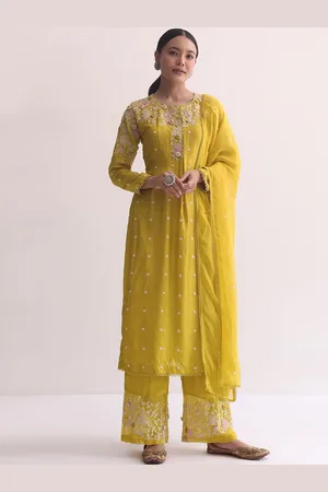 KALKI Fashion Floral Embroidered Sequnnied Straight Kurta with Palazzos And Dupatta