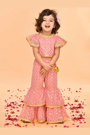 SAKA DESIGNS Girls Peach-Coloured Printed Angrakha Kurti with Salwar