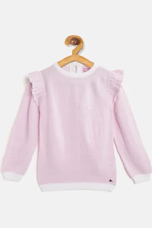 Cherry Crumble Girls Pink & Off-White Self Design Pullover Sweater