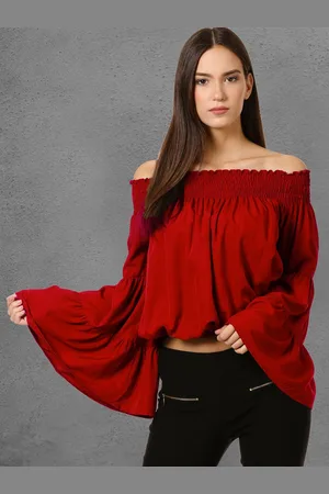 OOMPH Off-Shoulder Flared Sleeve Smocked Crepe Top