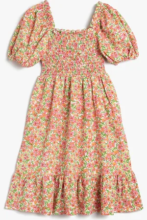 Koton Girls Floral Printed Puff Sleeve Smocked A-Line Midi Dress