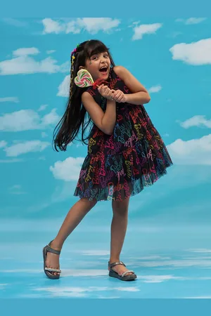 LIL DRAMA Girls Typography Printed Round Neck Sleeveless Fit & Flare Tiered Dress