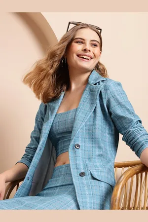 Mast & Harbour Checked Crop Top & Blazer with Skirt