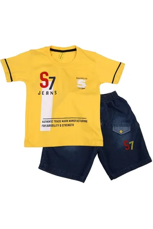 V-Mart Boys Yellow & Blue Printed Cotton T-shirt with Shorts