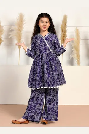 Sangria Girls Blue Floral Printed Cotton Blend V-Neck Angrakha Kurta With Trousers