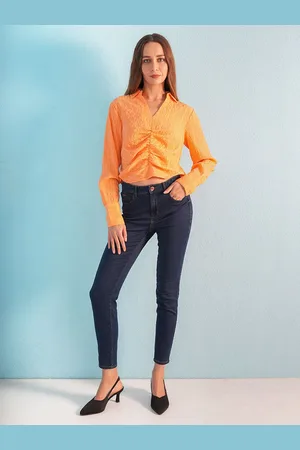ONLY Women Shirt Collar Cuffed Sleeves Cinched Waist Crop Top
